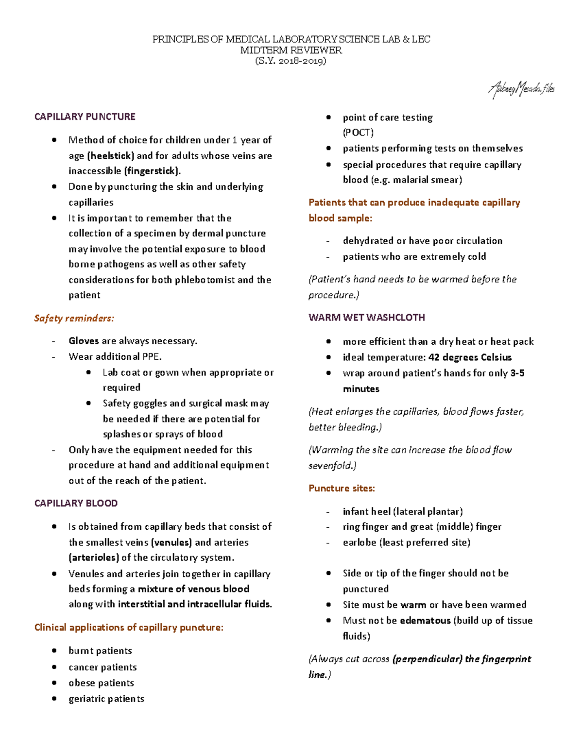 Toaz - :)) - MIDTERM REVIEWER (S. 2018-2019) CAPILLARY PUNCTURE Method ...