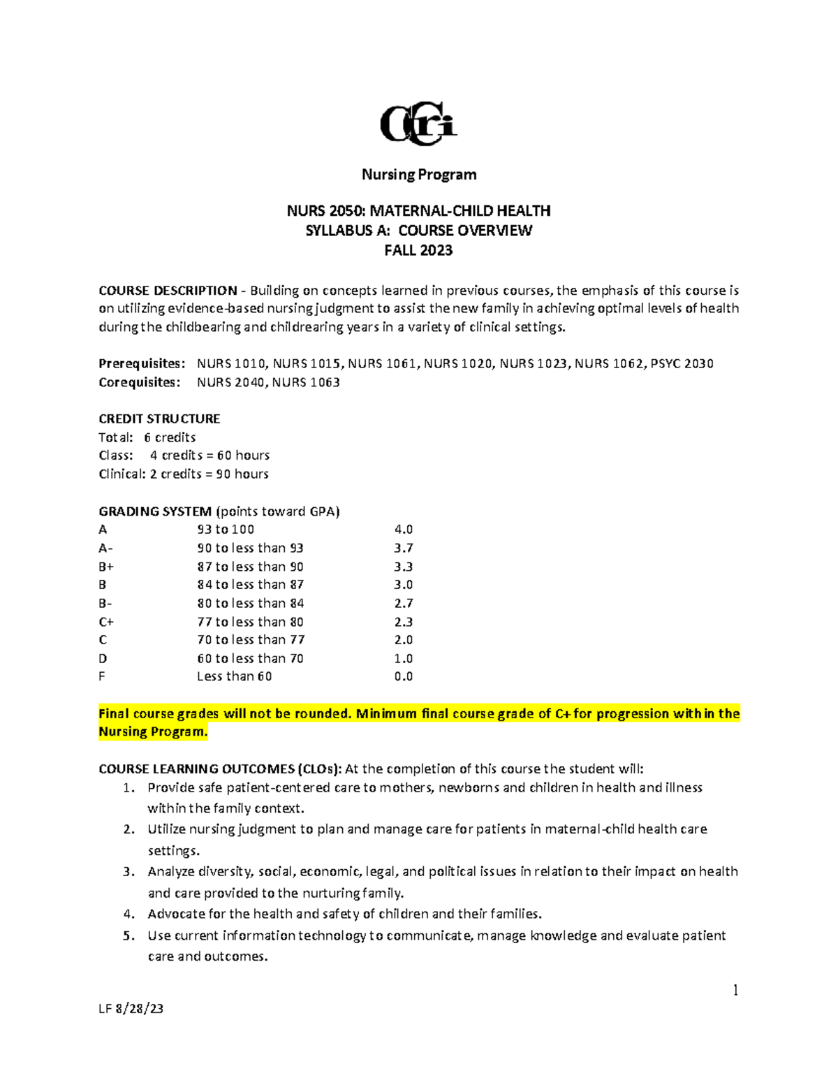 PedsMaternity Syllabus A Fall 2023 1 Nursing Program NURS 2050 MATERNALCHILD HEALTH