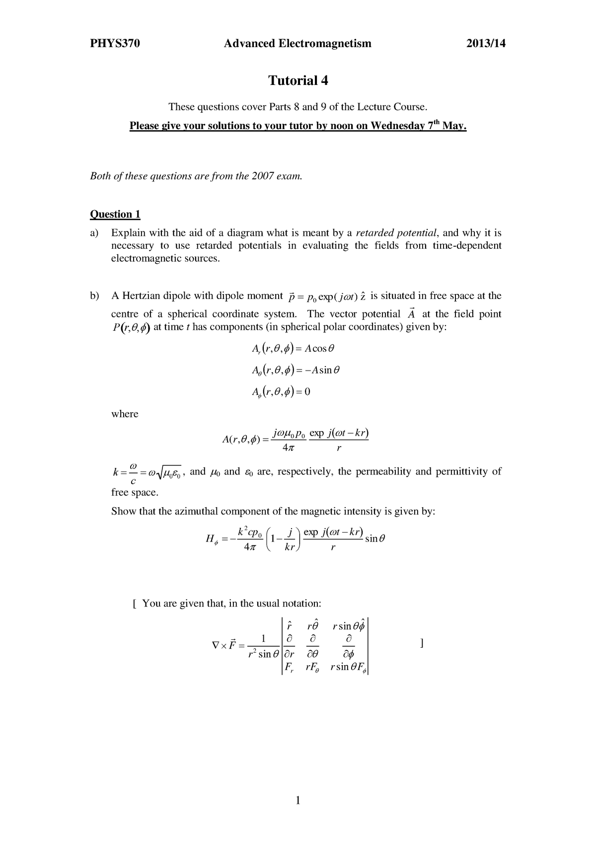 PHYS370 2013-2014 Tutorial 4 - PHYS370 Advanced Electromagnetism 2013/ ...