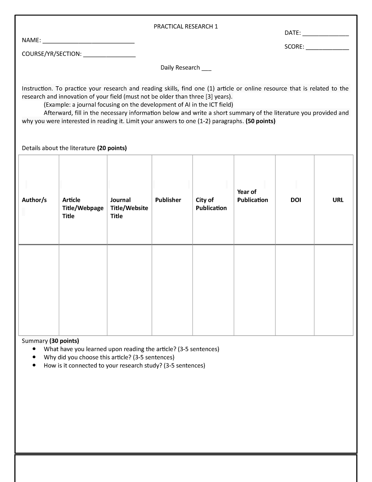 Daily Research template - NAME: ___________ _________________ C OURSE ...