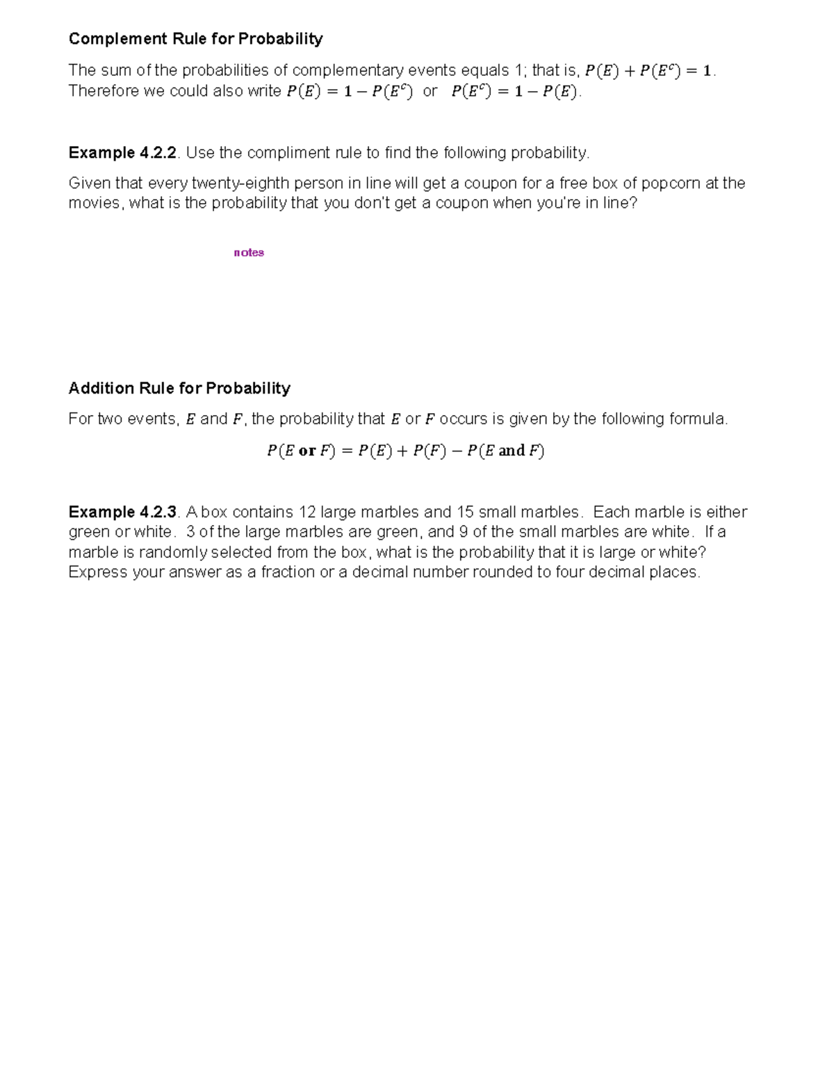 Chapter 4 Notes Pg 4 - Complement Rule for Probability The sum of the ...