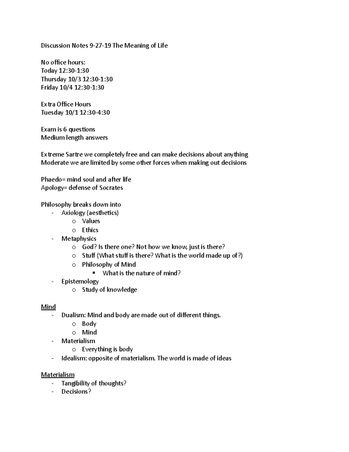 Discussion Notes 92719 The Meaning of Life Discussion Notes 92719