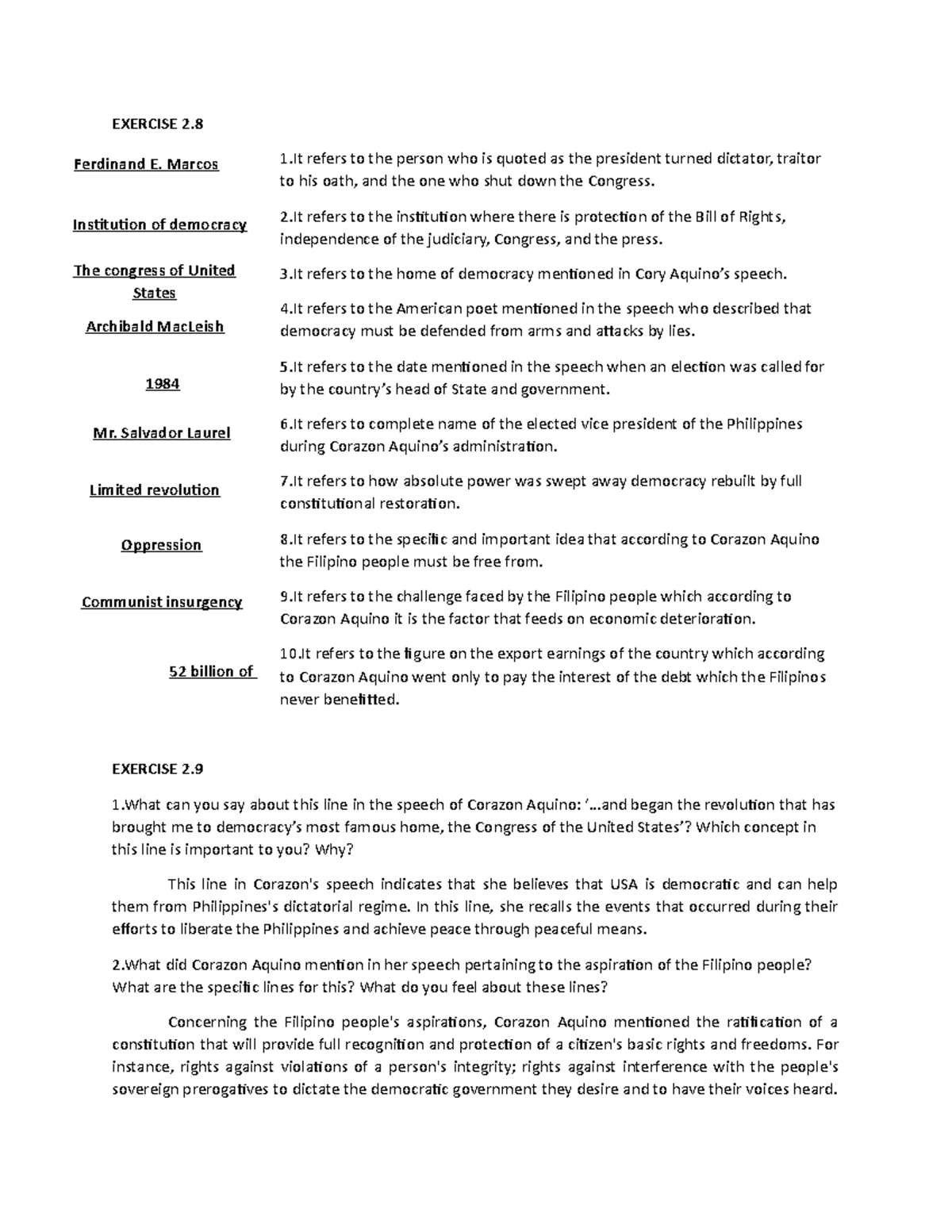 History In Philippines Read - Exercise 2 Ferdinand E. Marcos 1 Refers 