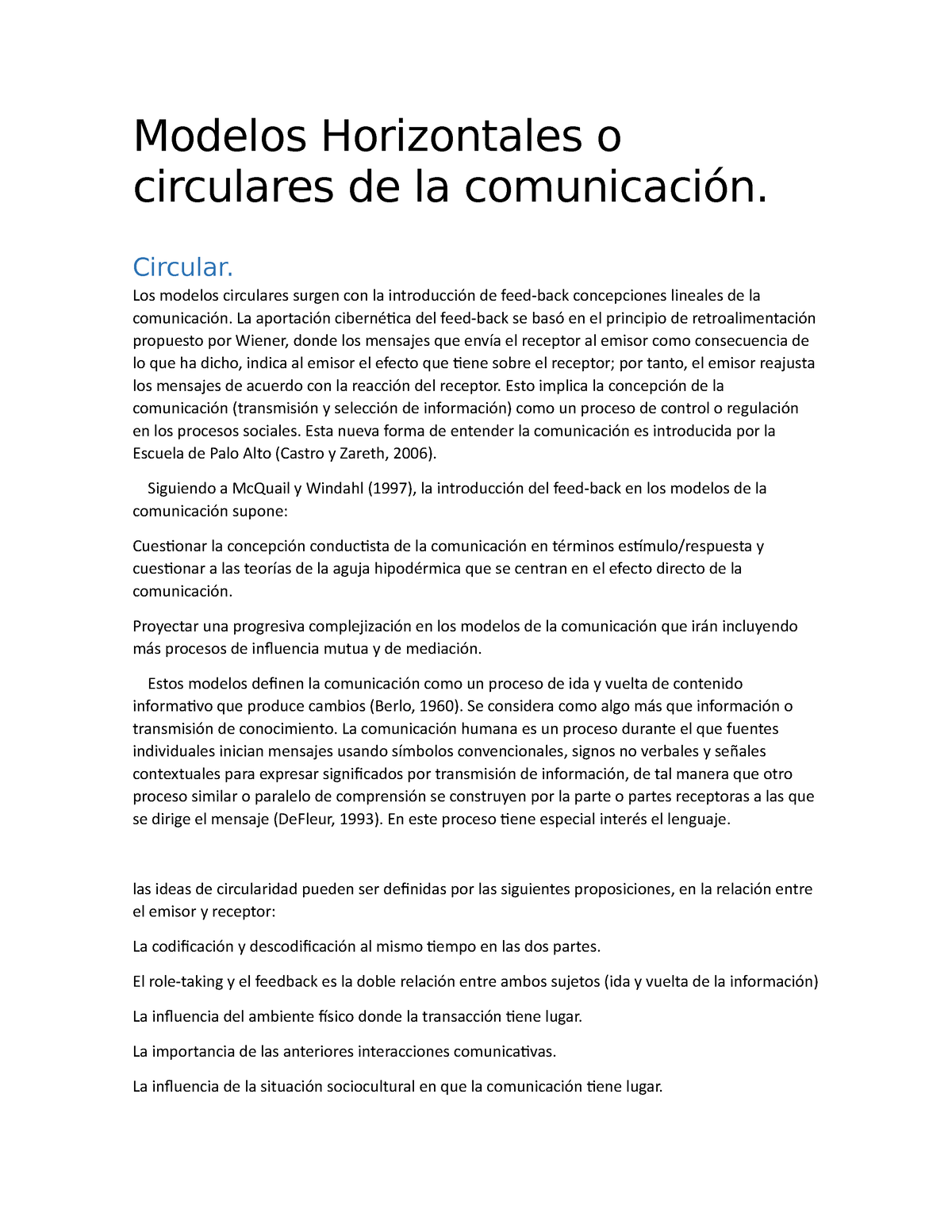 Modelos Horizontales o circulares de la comunicación - Circular. Los modelos  circulares surgen con - Studocu