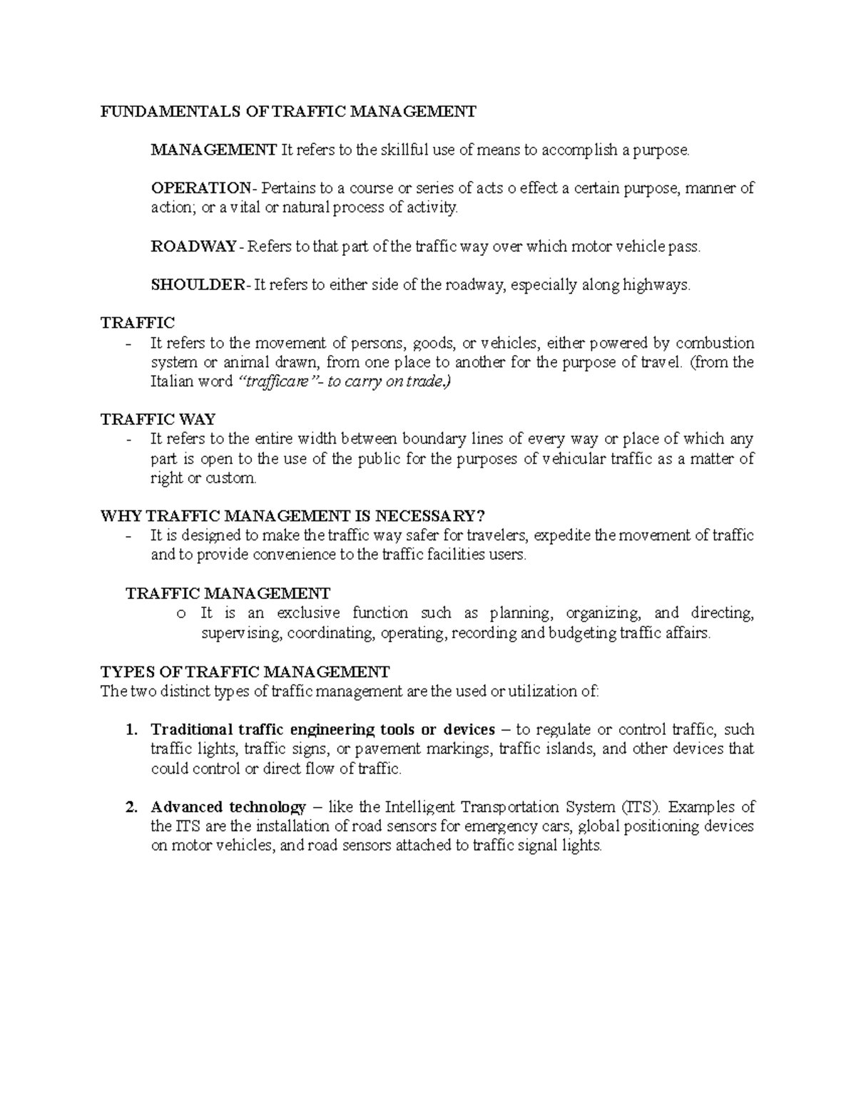 Fundamentals OF Traffic Management FUNDAMENTALS OF TRAFFIC MANAGEMENT