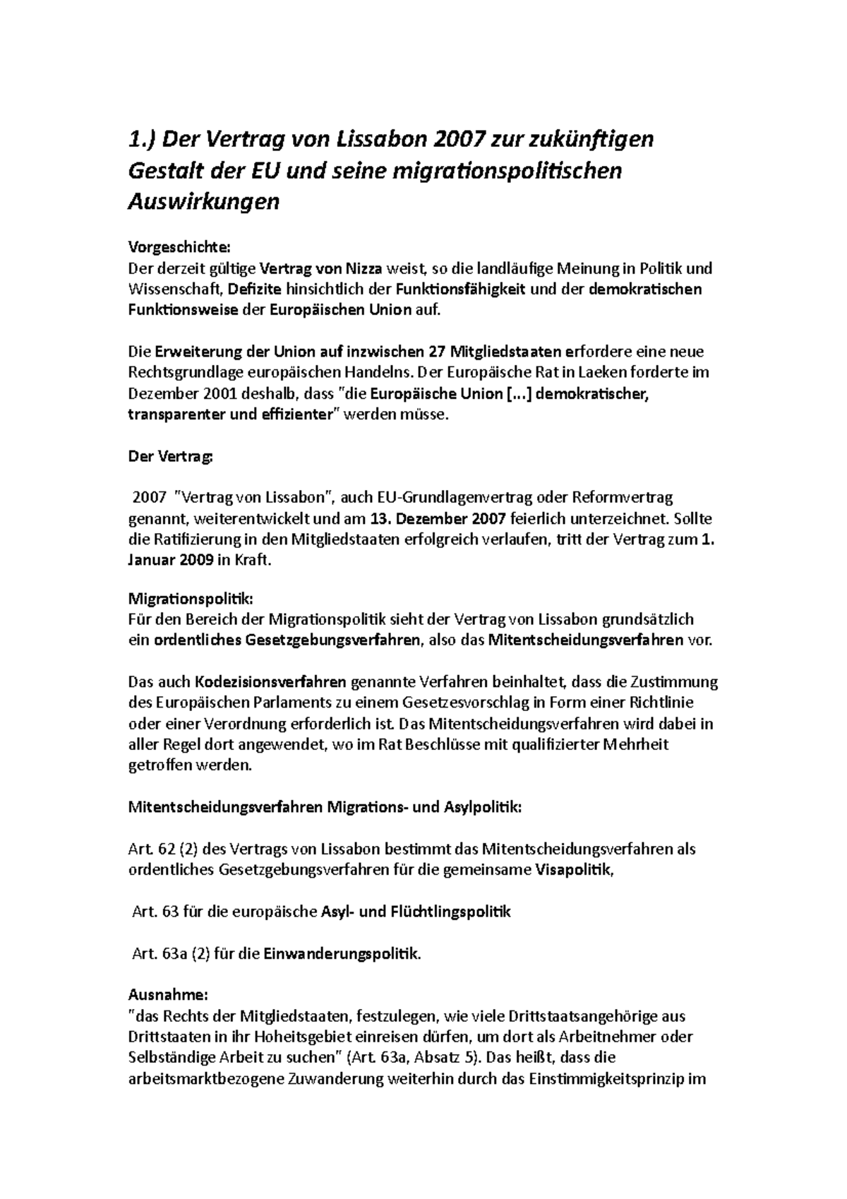 Asyl und Migration MMF 20072013 1.) Der Vertrag von Lissabon 2007 zur zukünftigen Gestalt der
