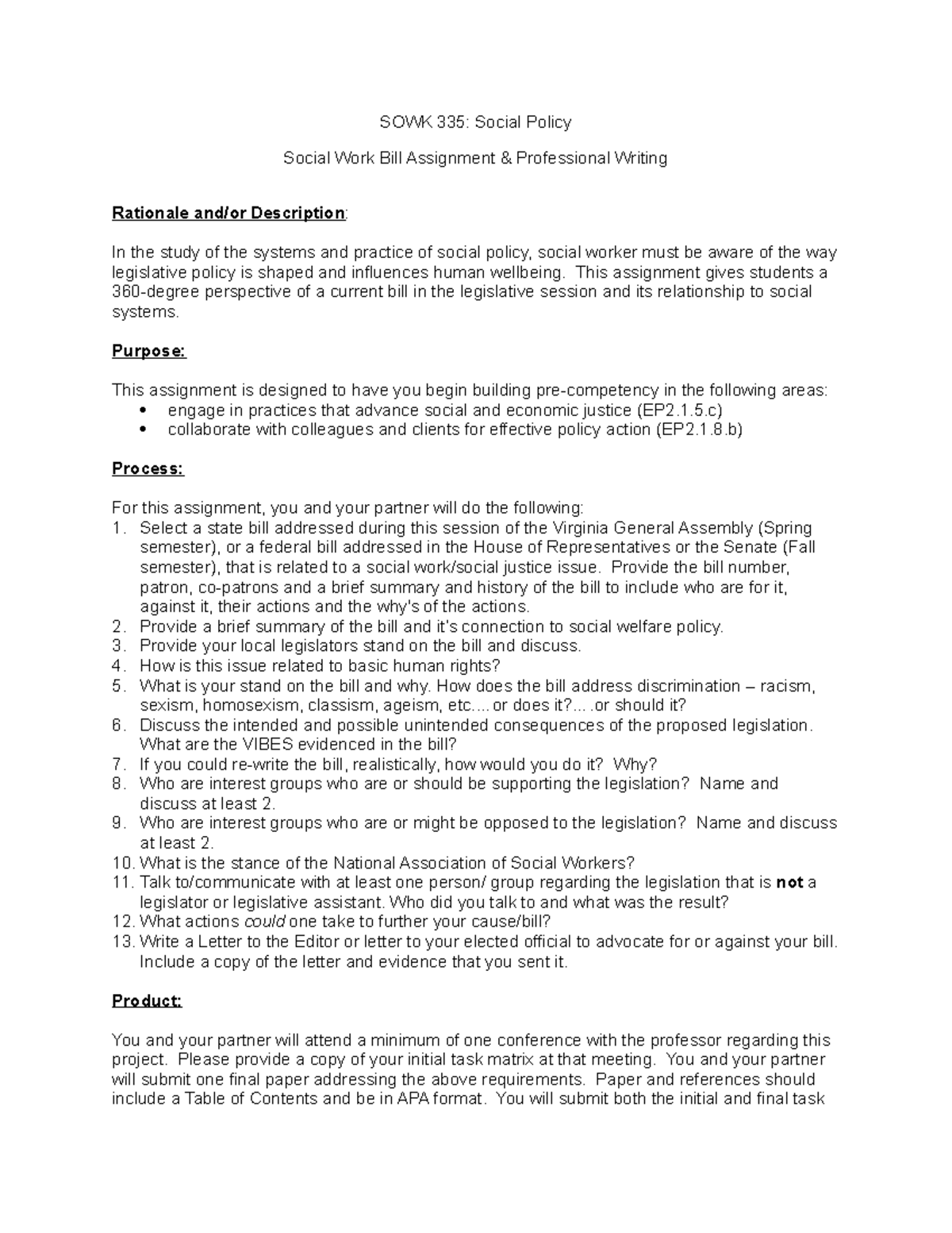 SOWK 335 PDA Bill Assignment3 SOWK 335 Social Policy Social Work Bill Assignment & Studocu