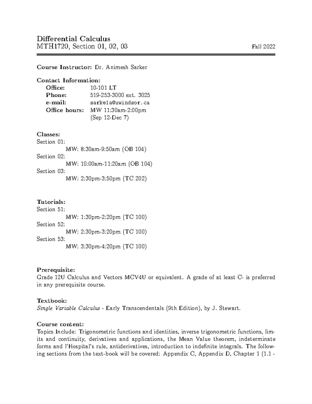 MATH1720Course Outline Fall 2022 - Differential Calculus MTH1720 ...