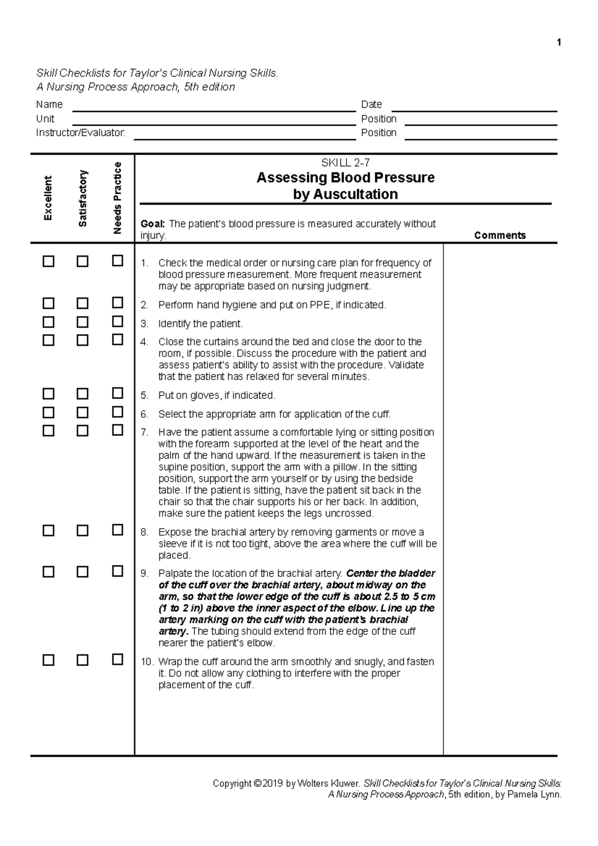 Assessing BP by Auscultation Checksheet - Skill Checklists for Taylor’s ...