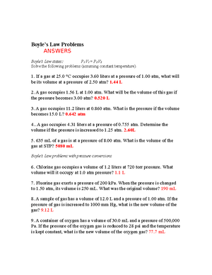 Boyle's Law Problems Answers - Boyle's Law Problems ANSWERS Boyle's Law  states: P 1 V 1 = P 2 V 2 - Studocu