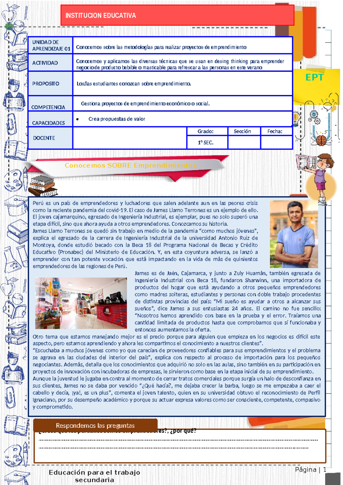 1° EPT. Ficha ACTV 01. Unidad 01 - Educación para el trabajo Página | 1 ...