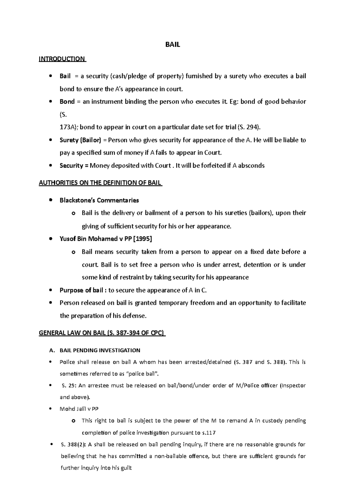 BAIL Bail Definition/Applications Applicable Law/Sections on CPC Cases BAIL