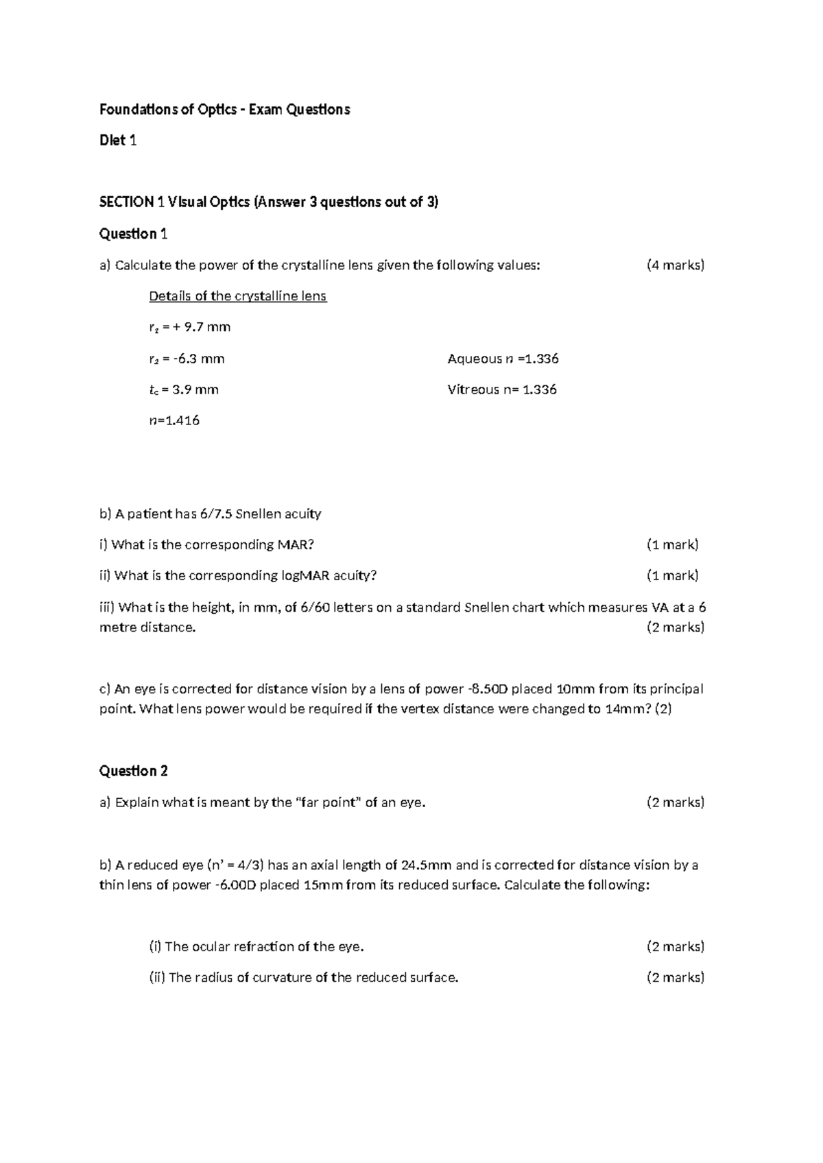 may 22 pp and answers Foundations of Optics Exam Questions Diet 1