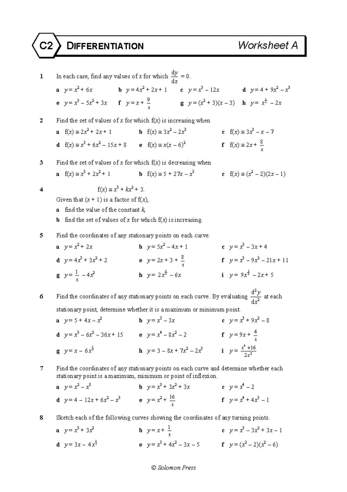 WS - Asynchronous Day - Calculus - Solomon Press C2 DIFFERENTIATION ...