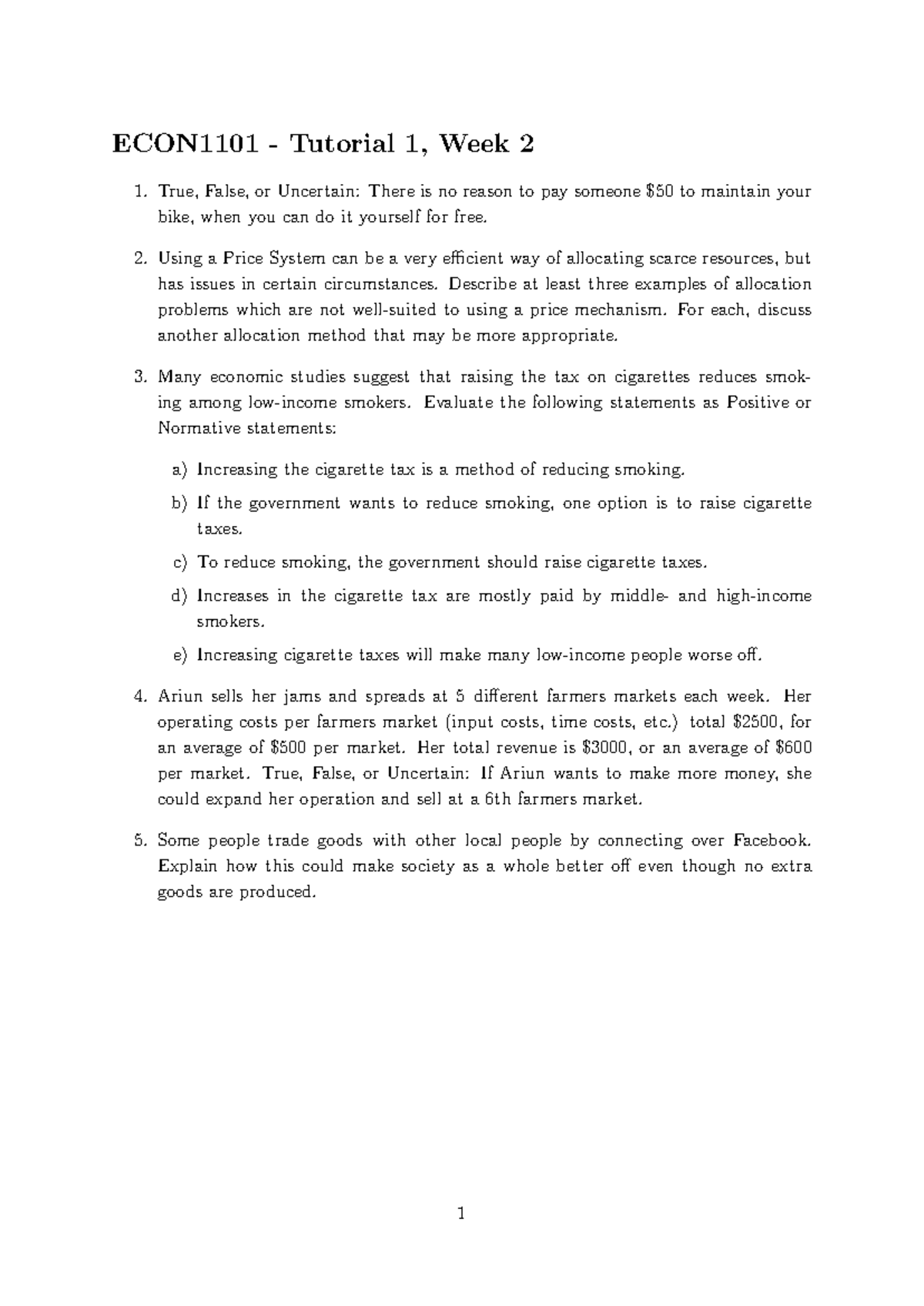 Econ1101 Tutorial Ps 1 Week 2 Econ1101 Tutorial 1 Week 2 True