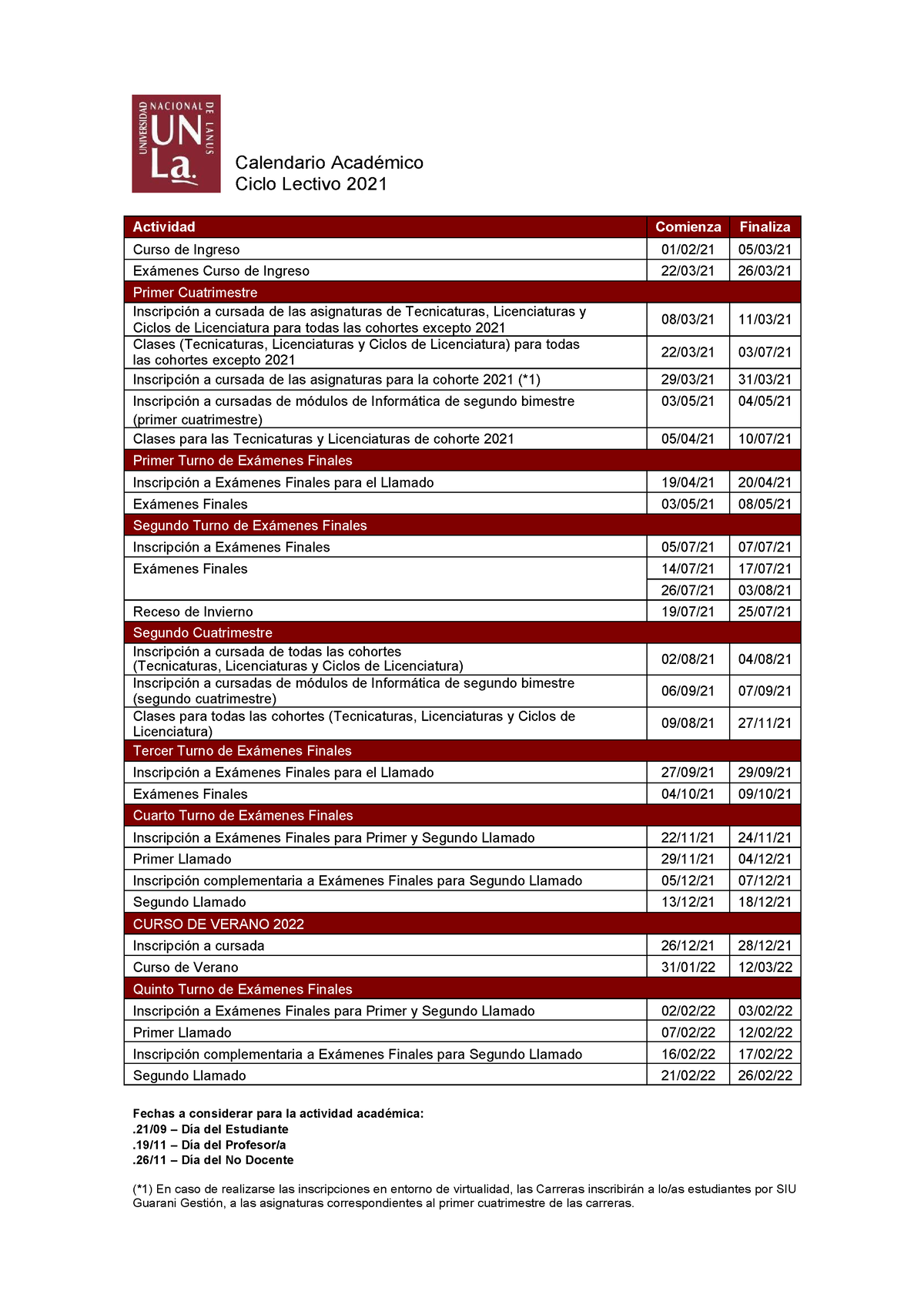 Calendario Academico 2021 - Calendario Académico Ciclo Lectivo 2021 ...