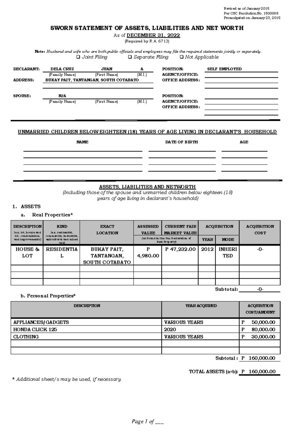 2015 sample SALN Form - Page 1 of ___ Revised as of January 2015 Per ...