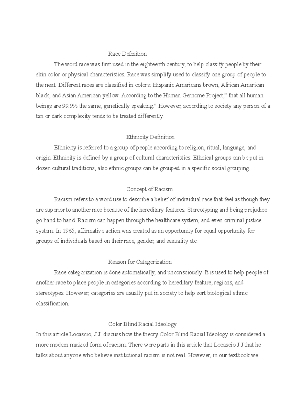 Prejudice and Discrimination Reflection Paper III - Race Definition The ...