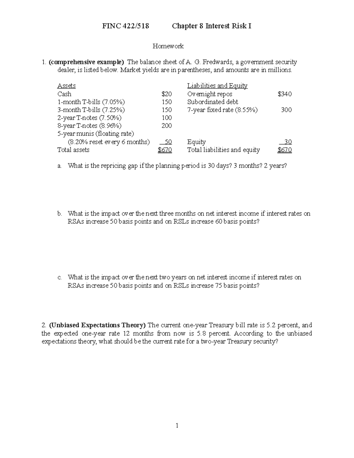 Chapter 8 Interest Rate Risk Homework V3 - FINC 422/518 Chapter 8 ...