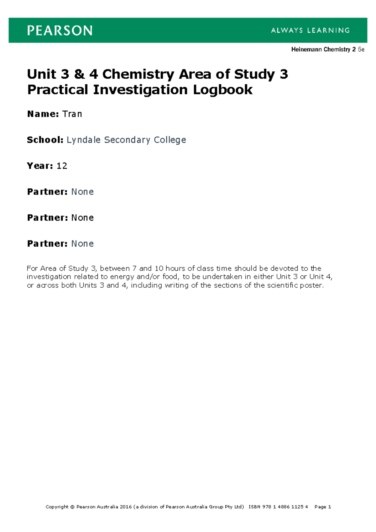 Chem Sac poster logbook Unit 3 & 4 Chemistry Area of Study 3 Practical Investigation Logbook