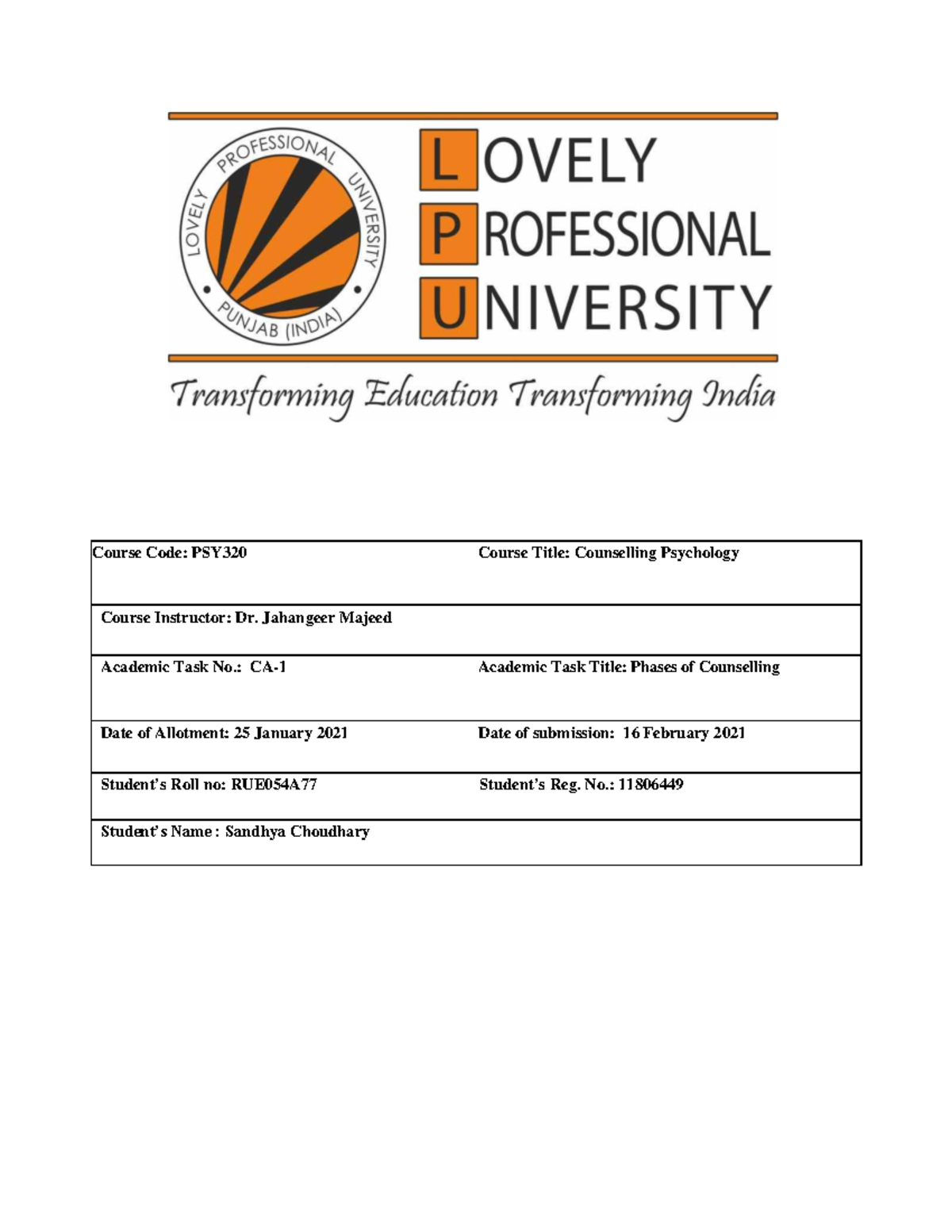 PSY320 CA1 - notes - Course Code: PSY320 Course Title: Counselling ...