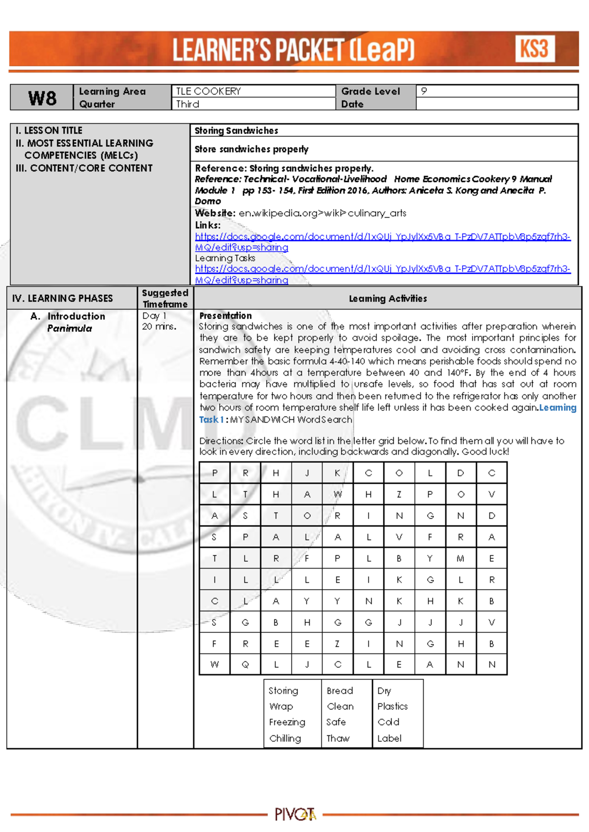 TLE Cookery 9 week8 - exam - W Learning Area TLE COOKERY Grade Level 9 ...