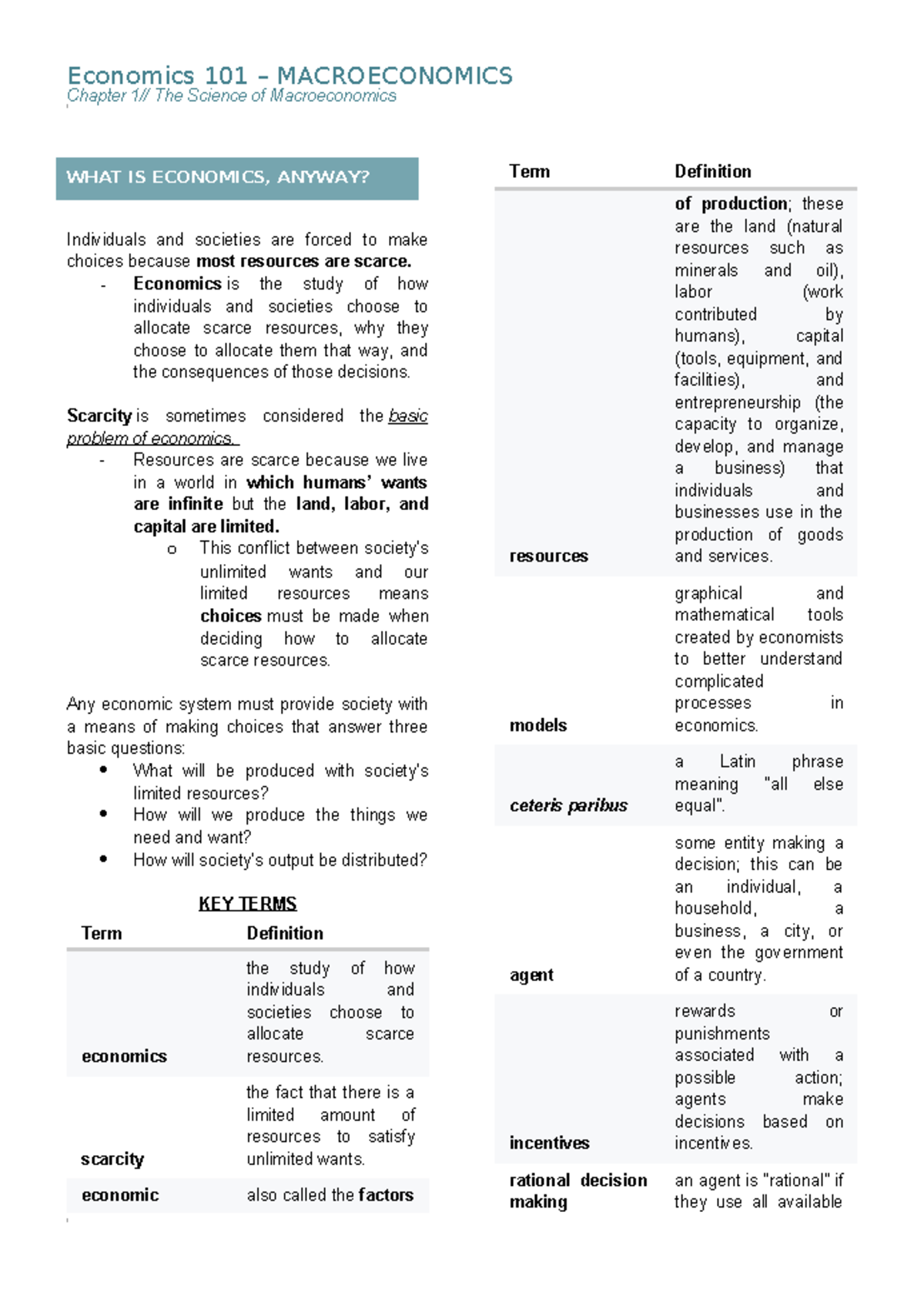 Chapter 1 Econ 101 Notes - Chapter 1// The Science of Macroeconomics ...