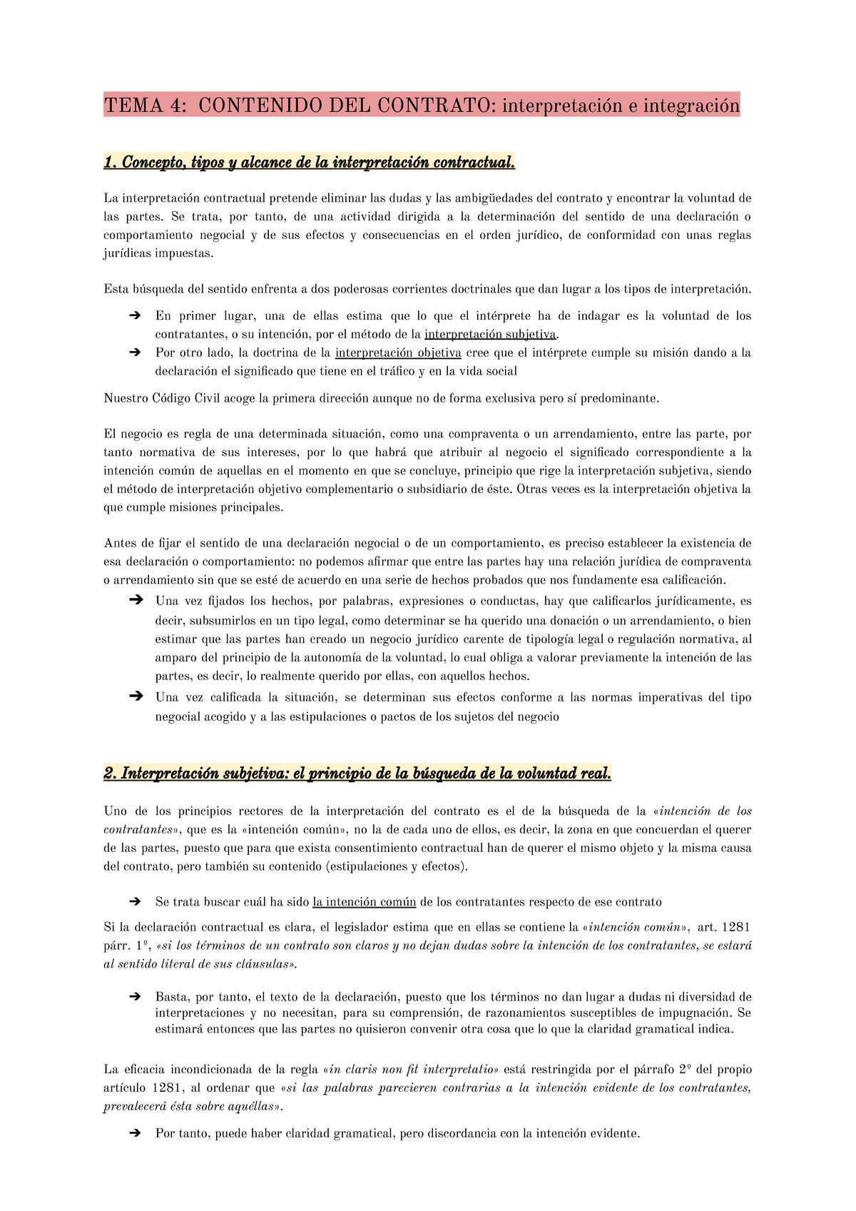 Tema 4 Contratos Tema 4 Contenido Del Contrato Interpretación E Integración 1 Concepto