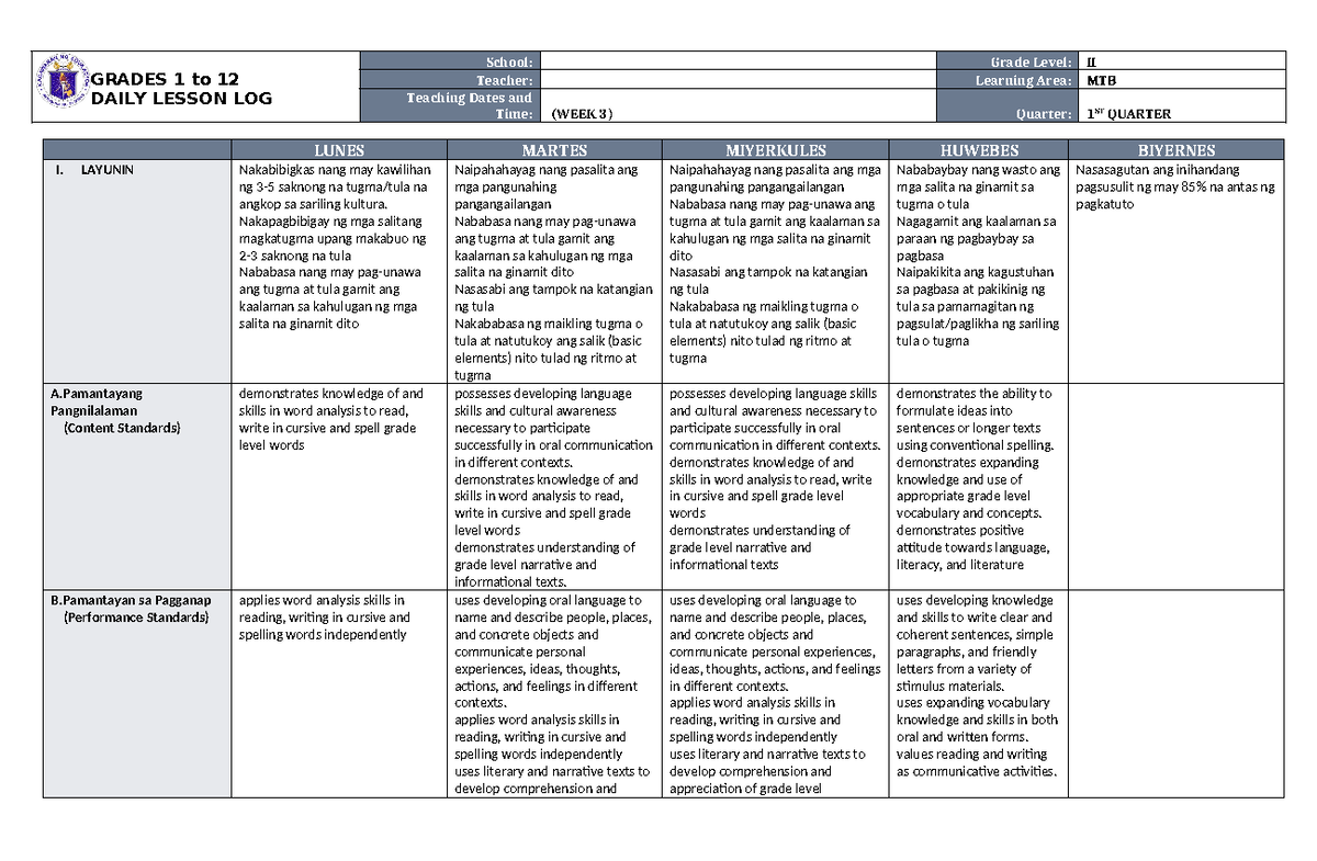 DLL MTB 2 Q1 W3 - dll - GRADES 1 to 12 DAILY LESSON LOG School: Grade ...