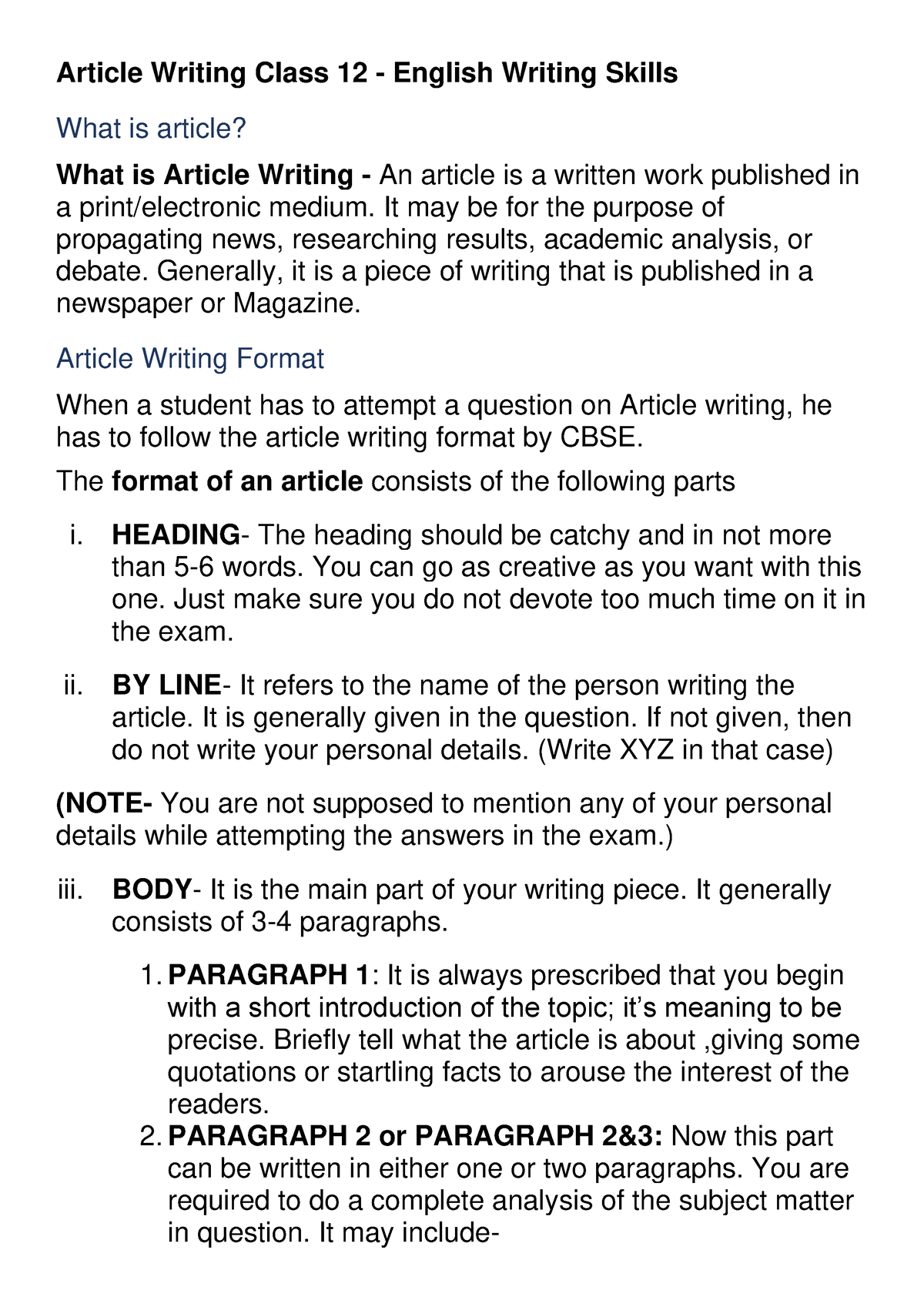 Article Writing In English For Class 12