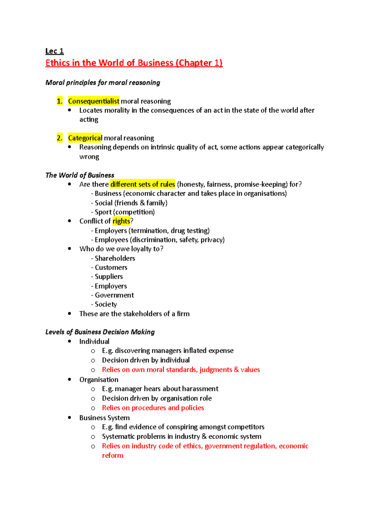 Ethics Lec 1 - Lecture notes 1 - Lec 1 Ethics in the World of Business ...