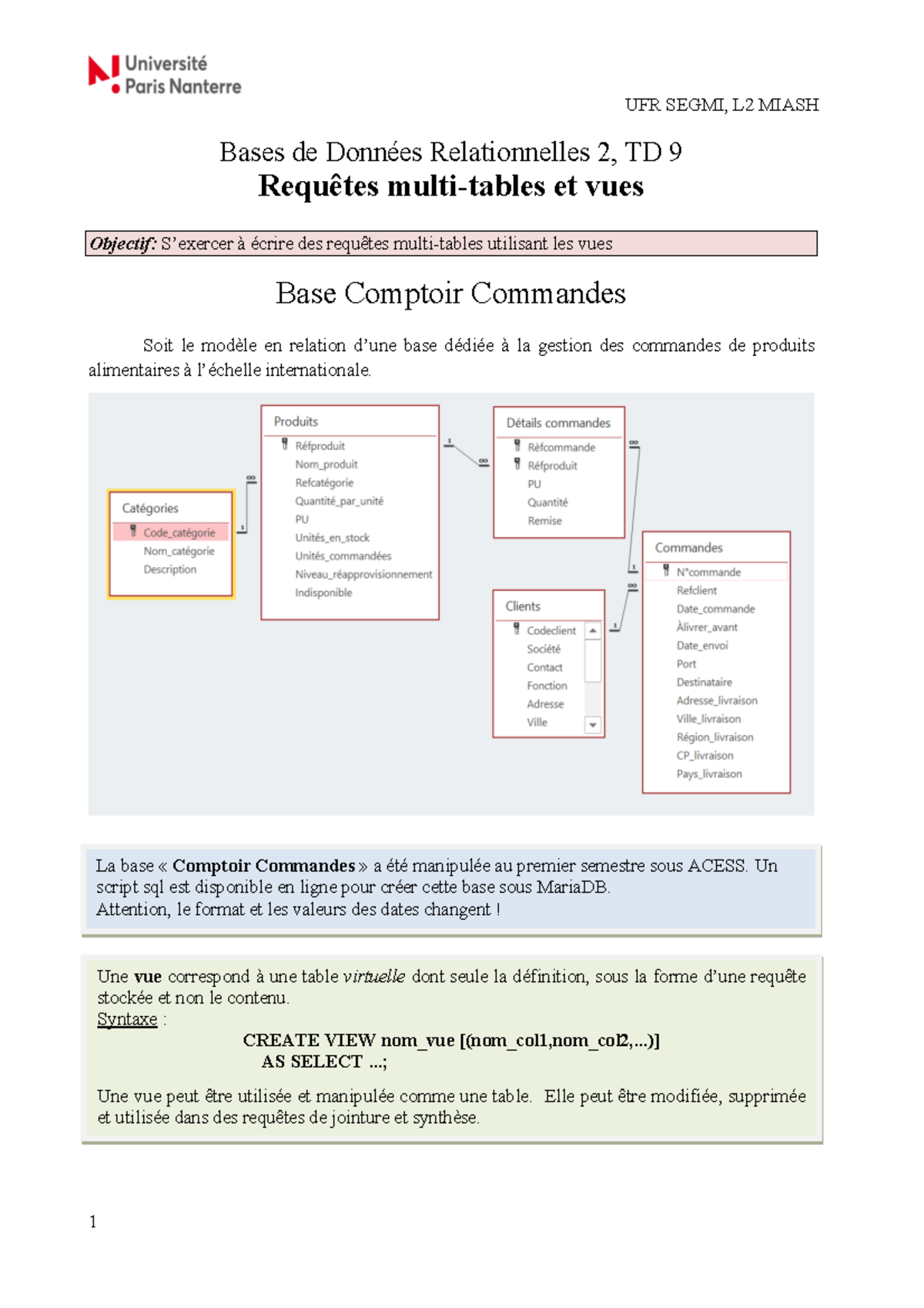 Td6 b vues - Bases de Données Relationnelles 2, TD 9 Requêtes multi ...