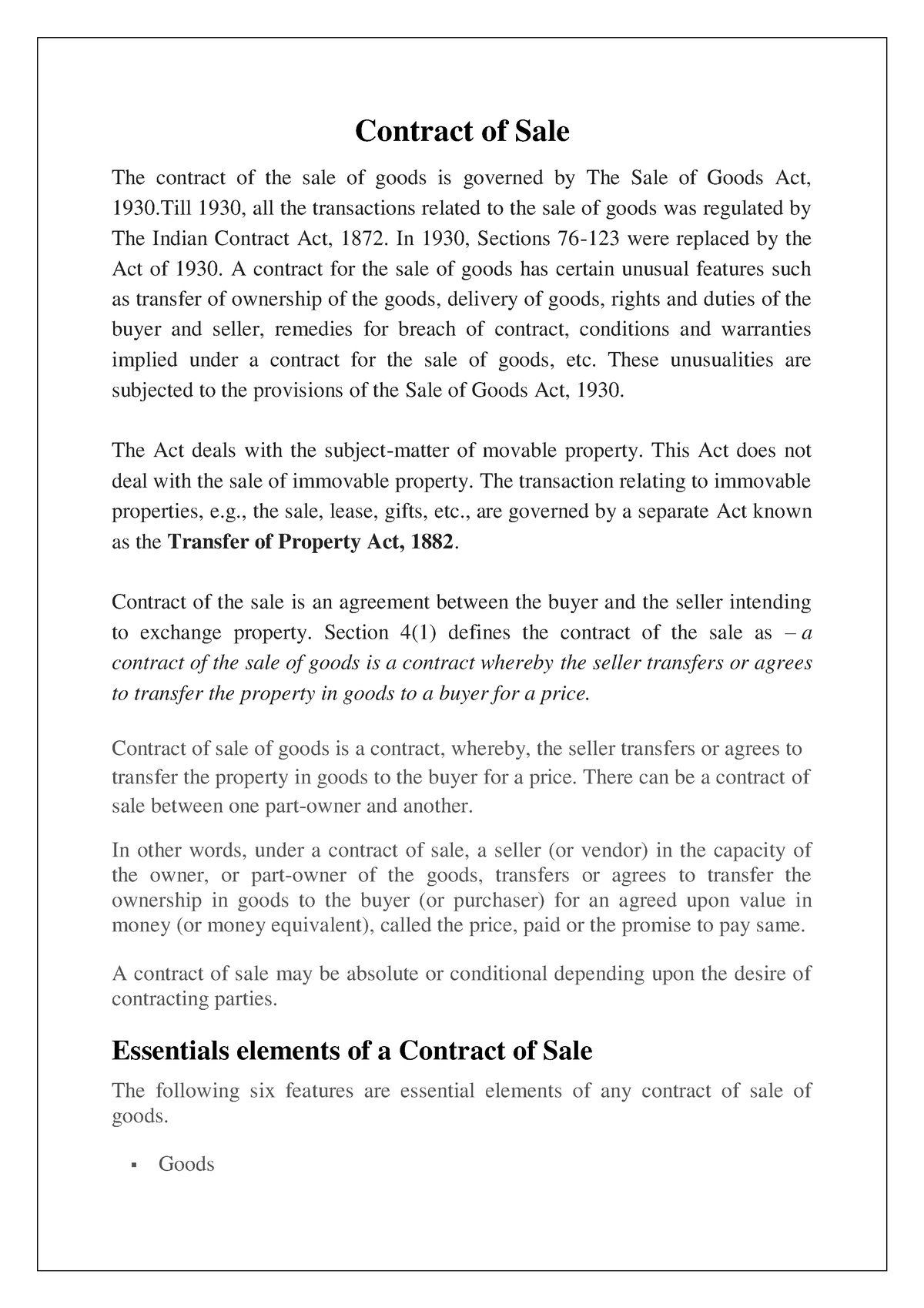 essay on contract of sale