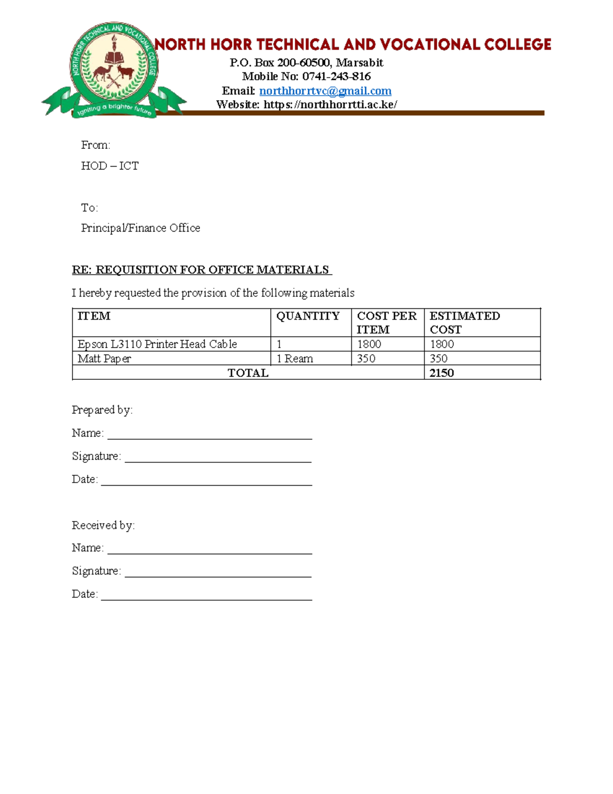 Requisition FOR Office Materials - P. Box 200-60500, Marsabit Mobile No ...