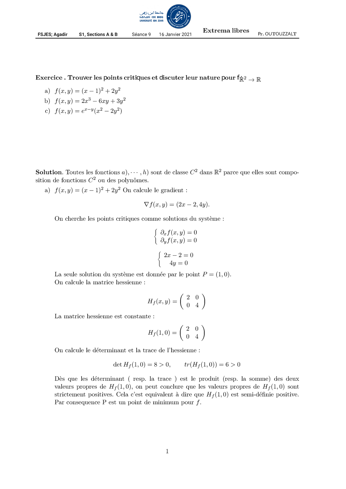 Cour Les Fonction - R 2 → R A) F (x, Y) = (x − 1) 2 + 2y 2 B) F (x, Y ...