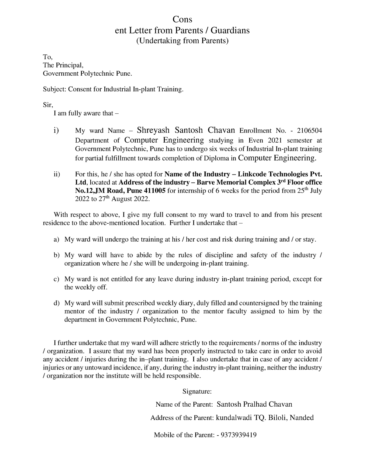 In shreyash - aaaaaaaaaaaaa - Cons ent Letter from Parents / Guardians ...