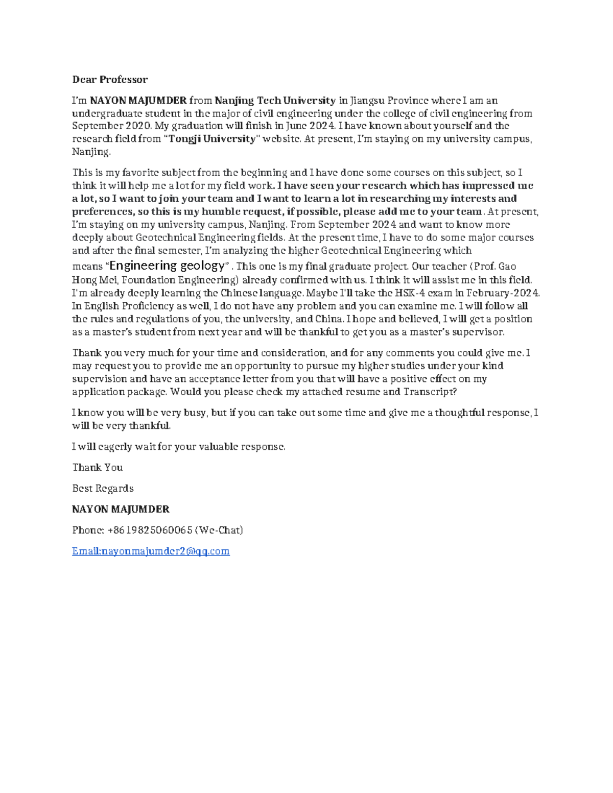 Email format for geotechnical(civil) - Dear Professor I’m NAYON ...