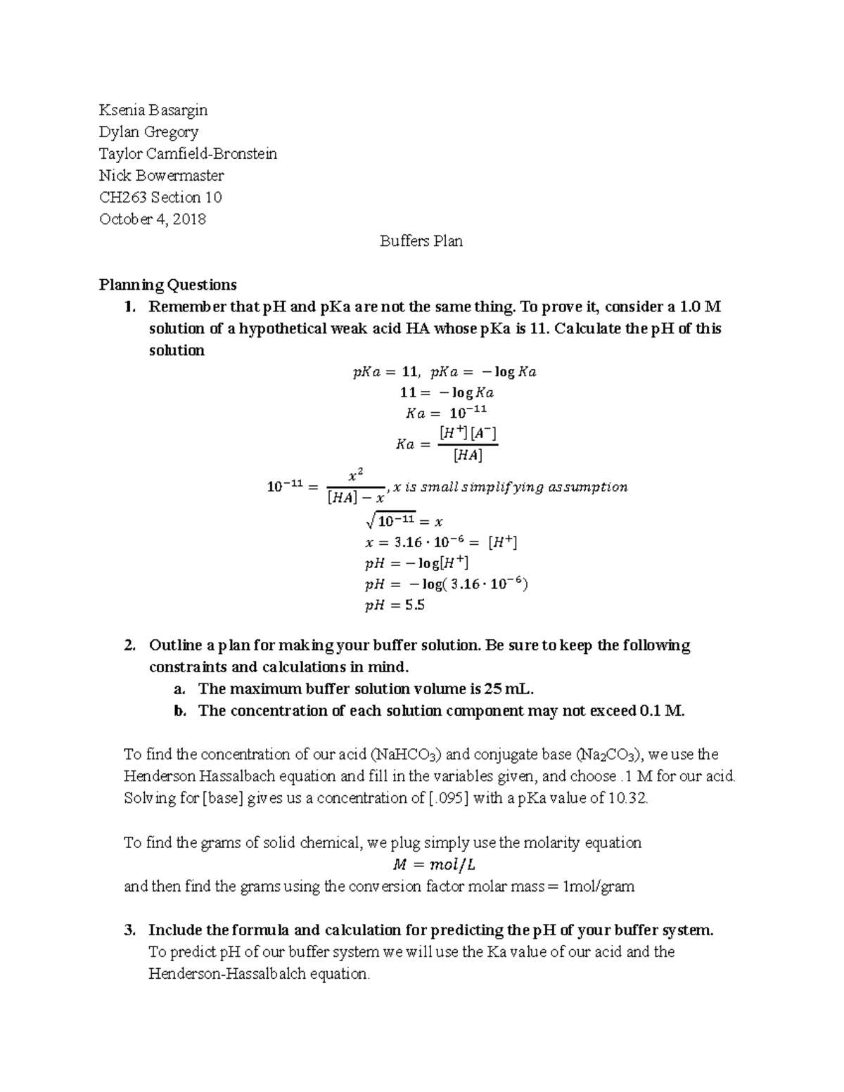 Buffers Plan and pH Calculation - Studocu