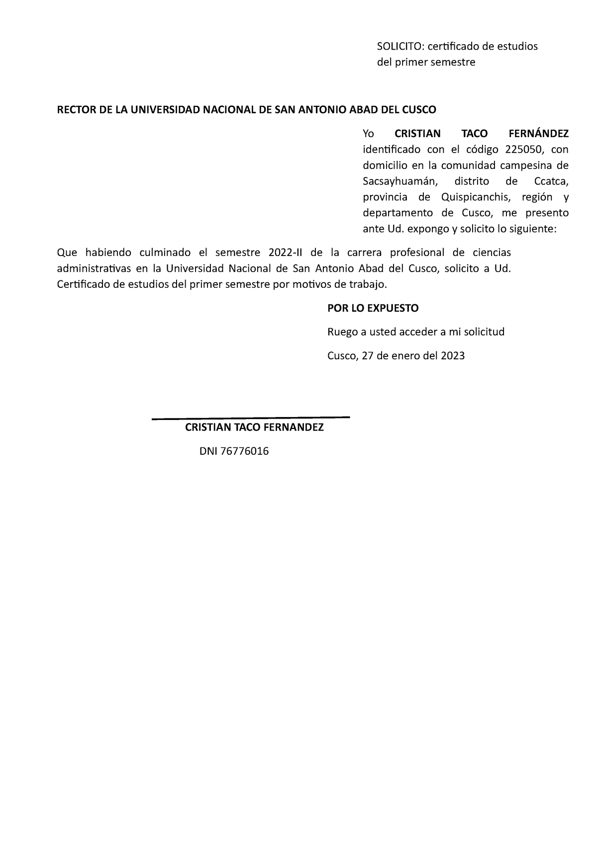 Solicitud - SOLICITO: Certificado De Estudios Del Primer Semestre ...