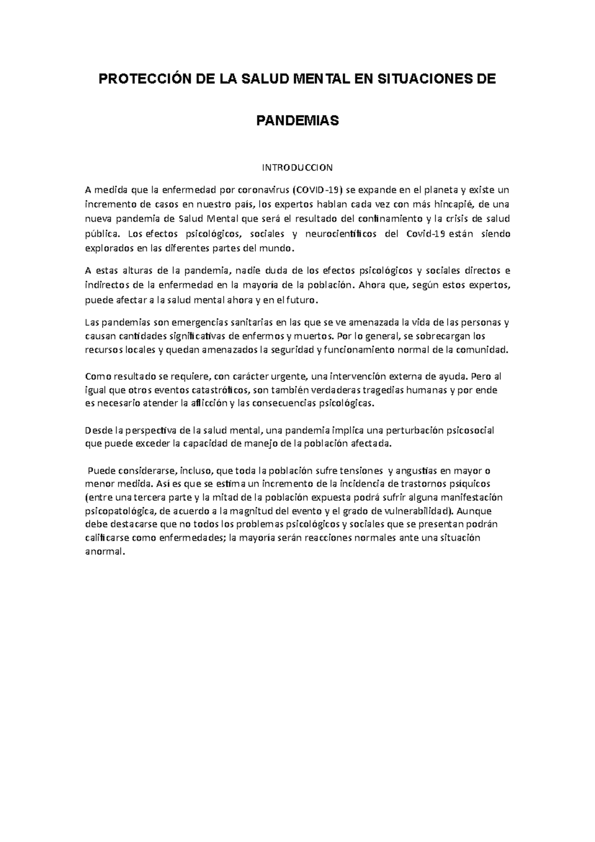 Salud Mental EN Pandemia Decoronavirus - PROTECCIÓN DE LA SALUD MENTAL ...