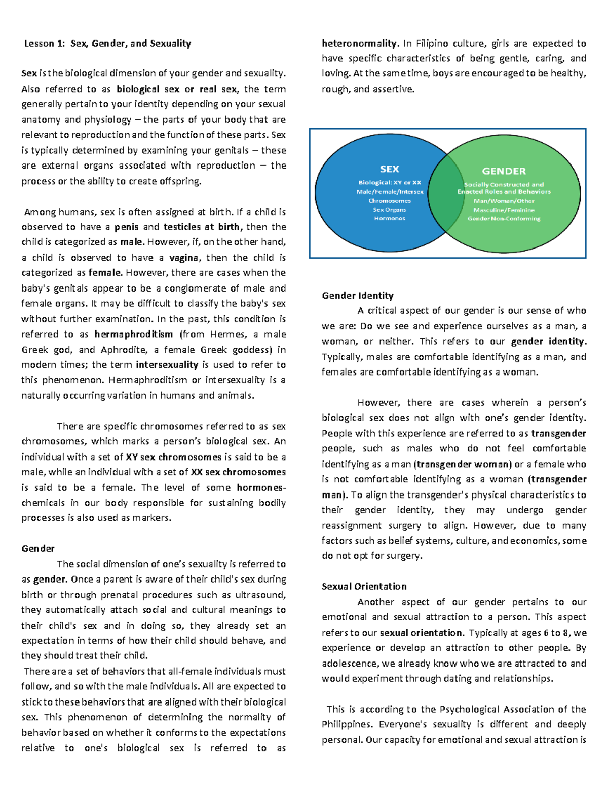 Gendersociety-m1-7 - GENDER AND SOCIETY - Lesson 1: Sex, Gender, And ...