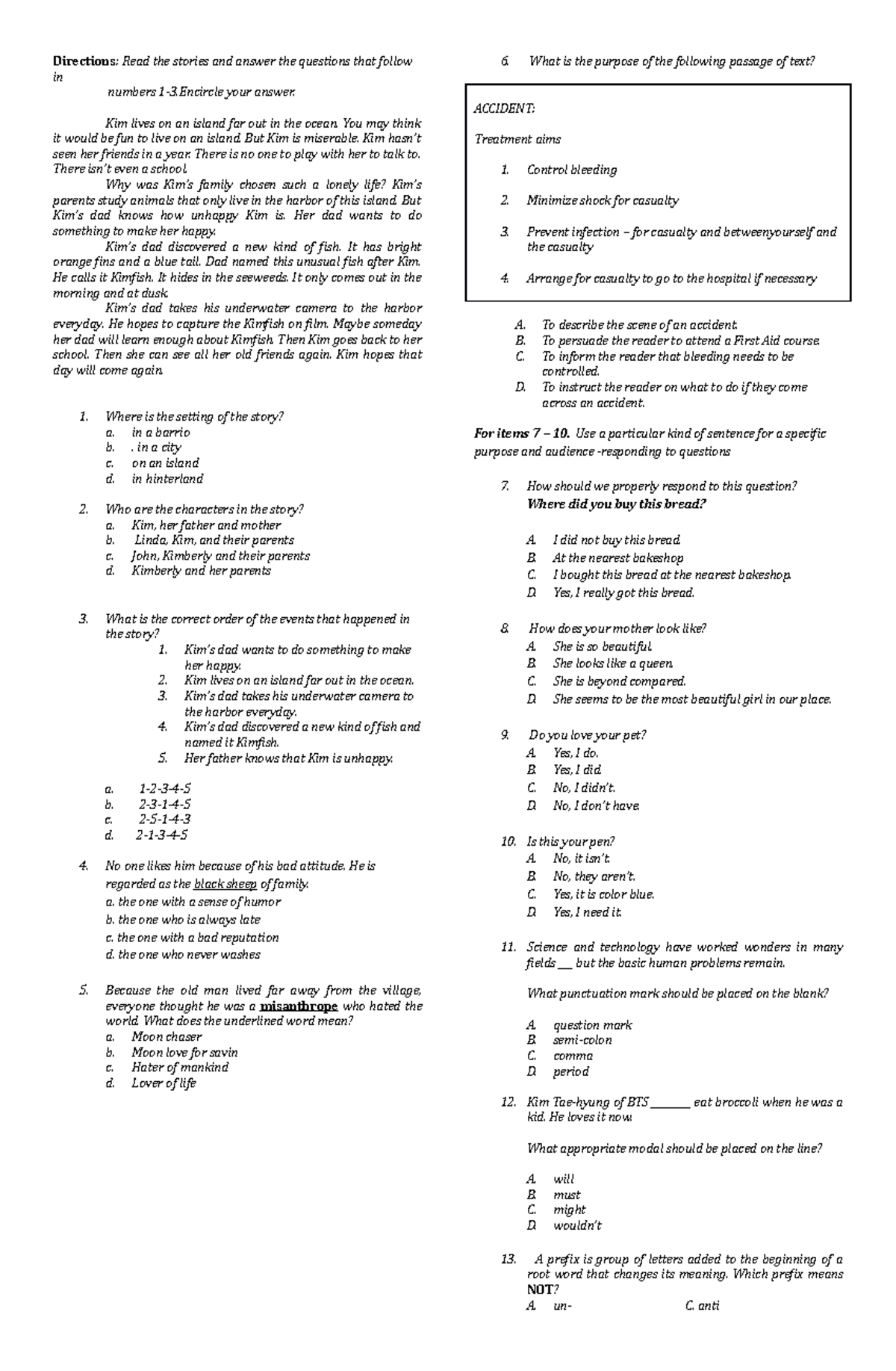 english-6-baseline-test-directions-read-the-stories-and-answer-the