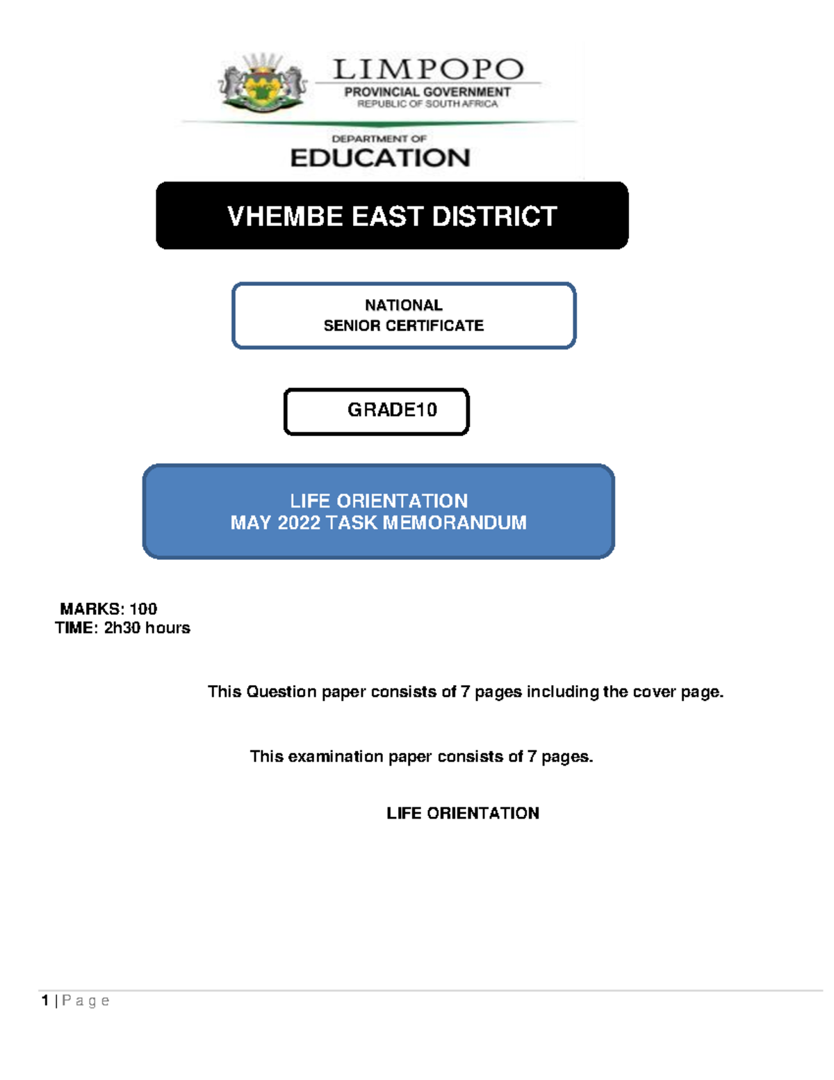 2022 LO MEMO Grade 10 Term 2 Controlled Test GRADE MARKS 100 TIME 