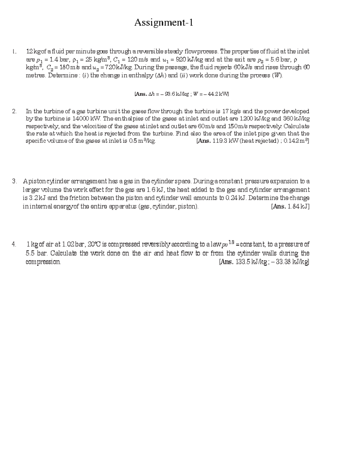 Assignment 1 Thermodynamics Practice Problems Aeronautical