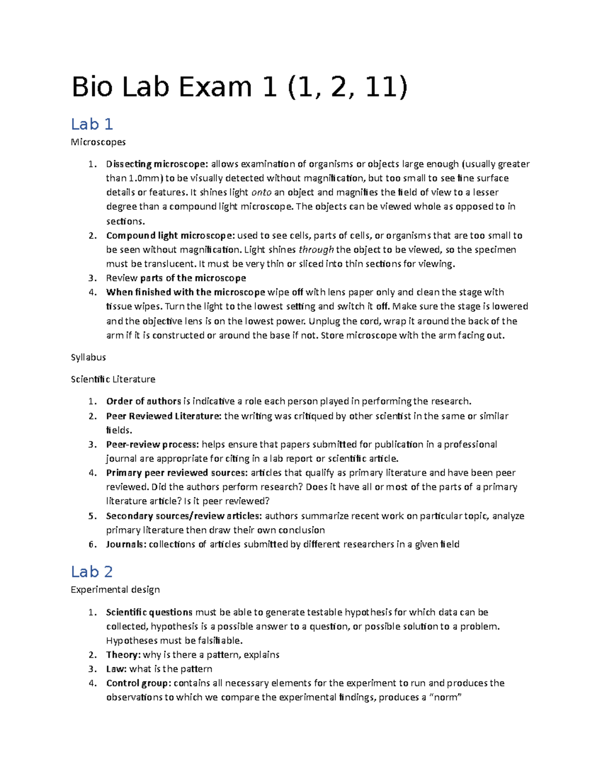 Bio Lab Exam 1 - Study - Bio Lab Exam 1 (1, 2, 11) Lab 1 Microscopes ...