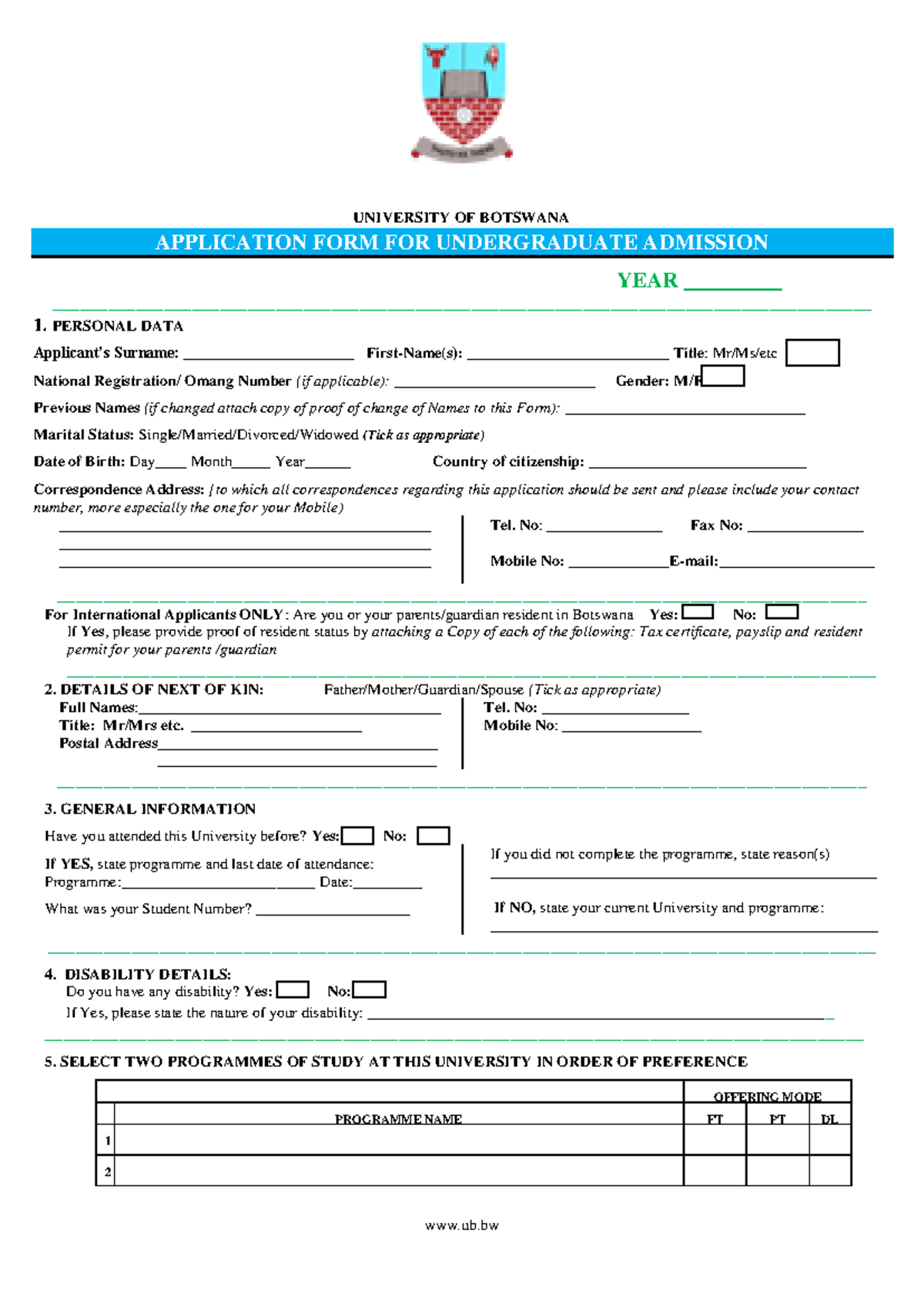 Undergraduate Application FORM-23022022 - ub UNIVERSITY OF BOTSWANA