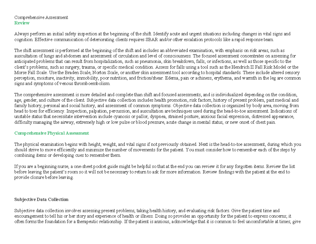 Comprehensive Assessment Notes - Review Always perform an initial ...