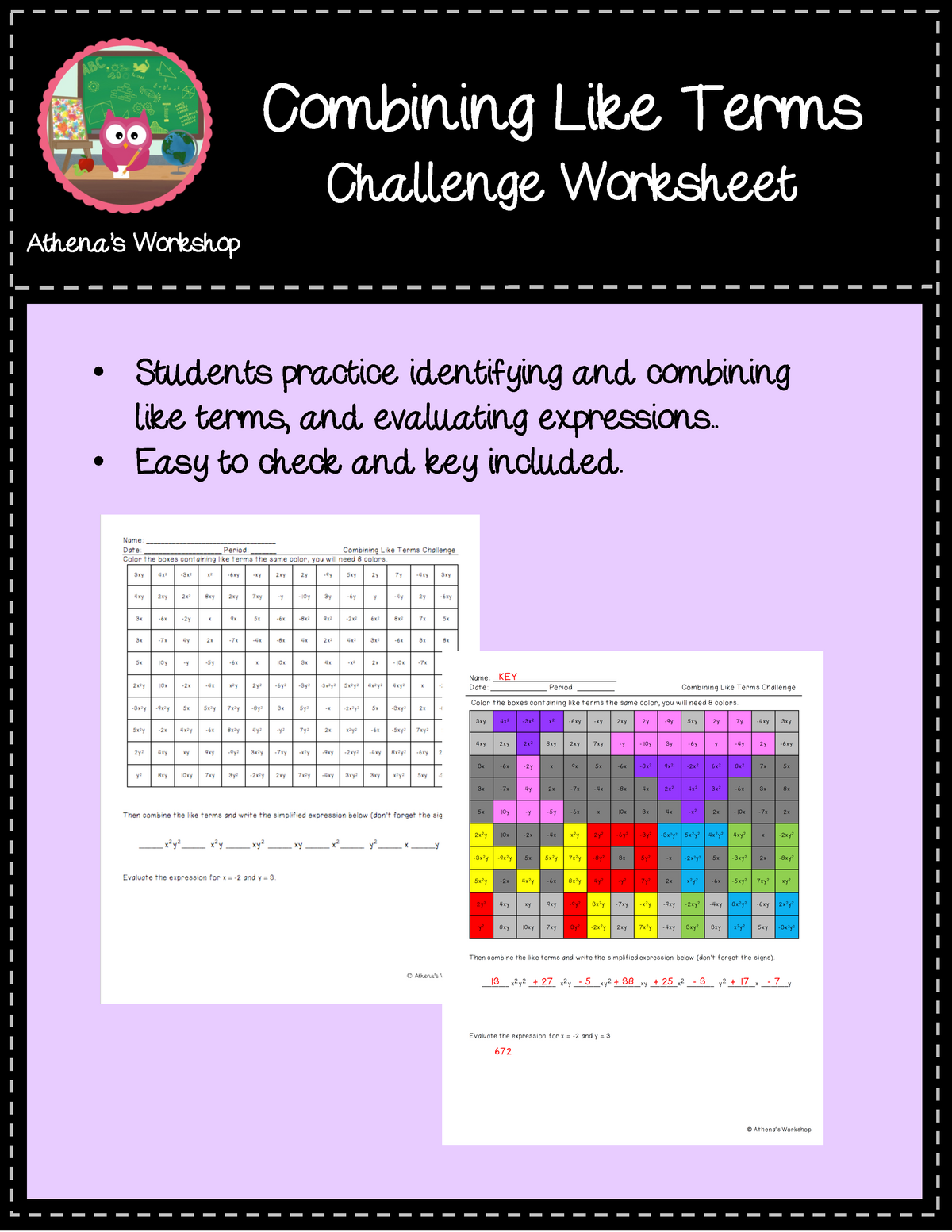 Combining Like Terms Challenge Coloring Activity Freebie-22 - MATH Regarding Combining Like Terms Worksheet Answers