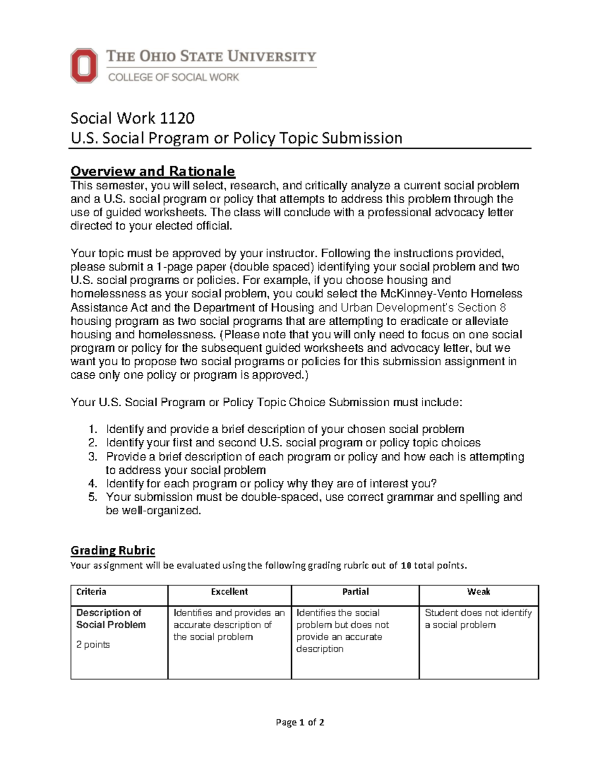 SWK+1120+Policy+Topic+Submission - Page 1 of 2 Social Work 1120 U ...