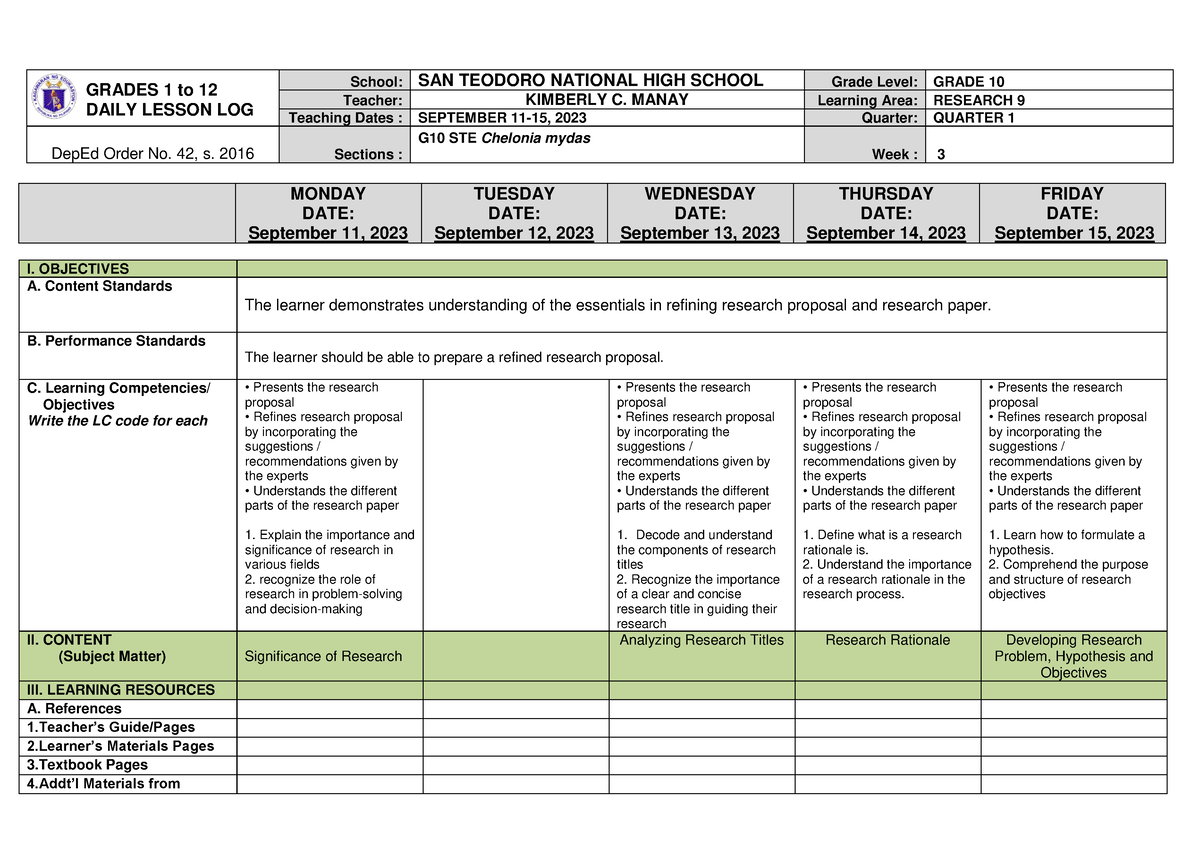 DLL-R9 WEEK 3 kim - MONDAY DATE: September 11, 2023 TUESDAY DATE ...